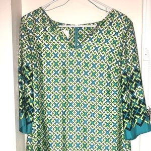 Navy, aqua, white & lime green silk dress